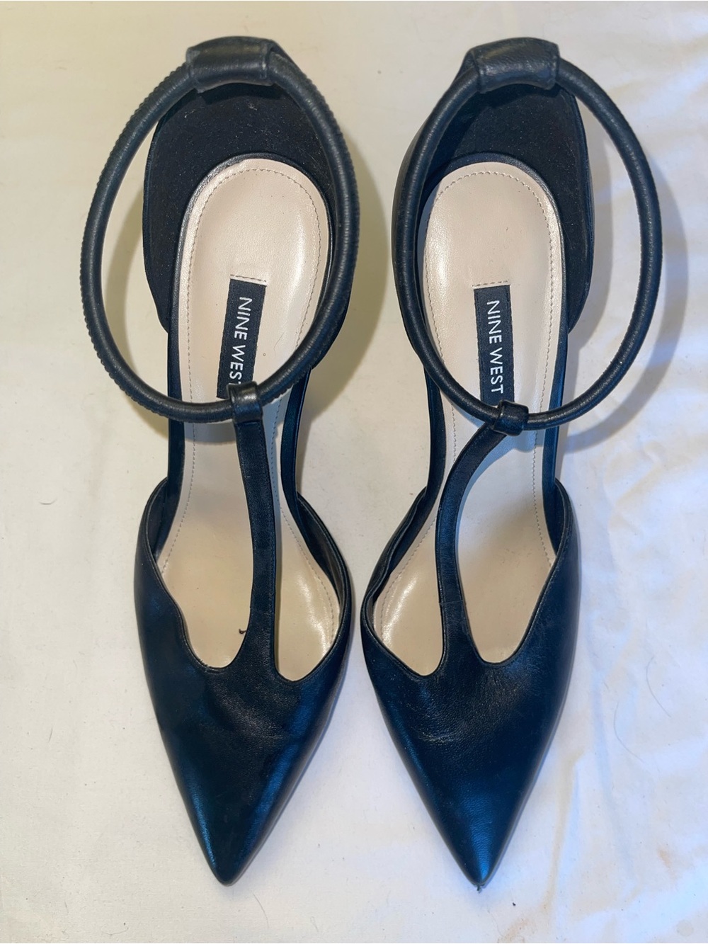 Nine West Black Pointed T-Strap Heels